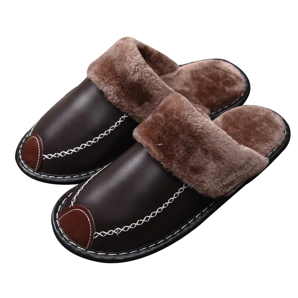 Dark Brown Man New Arrival 1 Pair Premium Orthopedic PU Leather Slipper Warm Soft Breathable for Winter Home - Цвет: Dark Brown Man