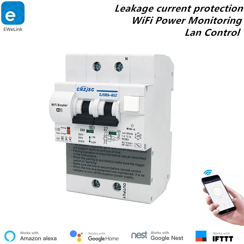 EWelink RCBO 2P WiFi автоматический выключатель контроль мощности защита от утечки умный