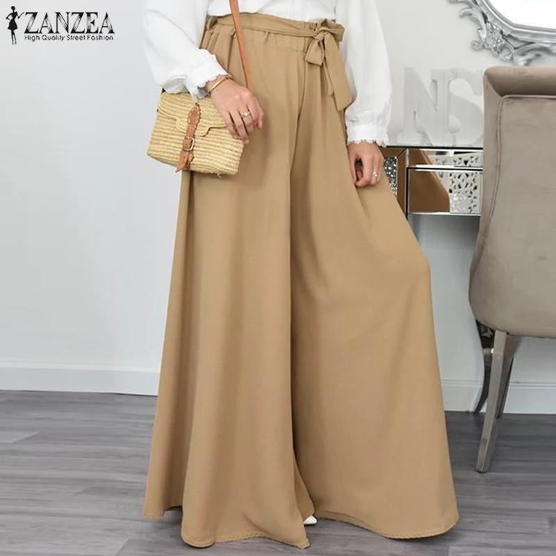 

Fashion Wide Leg Pants Women's Autumn Trousers 2020 ZANZEA Casual Belted Long Pantalon Palazzo Streetwear Plus Size Turnip S-5XL