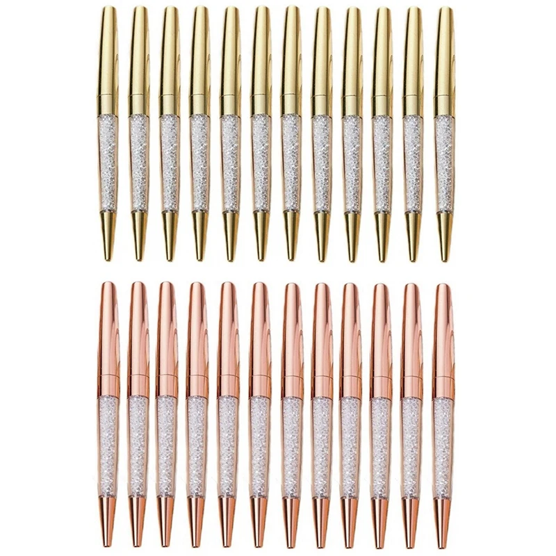 

AAAJ-100Pcs/Lot Rose Gold Pen Bling Diamond Pens Fine Black Ink Crystal Ballpoint Pen Ring Wedding Office Metal Roller Ball Pen