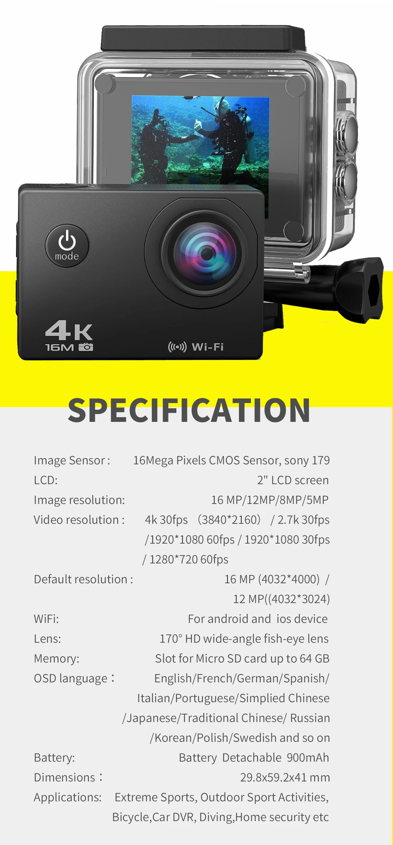 Go pro Экшн-камера Ultra HD 4K камера WiFi 2," 2,4 Удаленная Спортивная экшн-видеокамера 170D Подводная Водонепроницаемая камера