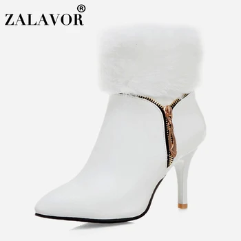 

ZALAVOR Women Ankle Boots Office Thin Heels Fashion Zipper Winter Shoes Women Sexy Pointed Toe Warm Fur Short Boots Size 32-43