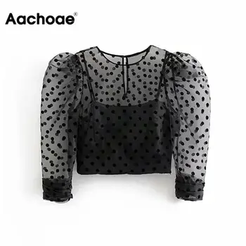 

Stylish Organza Polka Dots Women Blouse Fashion See-through Shirt Sexy Transparent Puff Sleeve Ladies Crop Tops Party Club Blusa