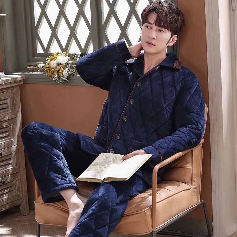 남성용 겨울 잠옷 두꺼운 3겹 누빔 잠옷 세트 2개/세트 잠옷 옴므 따뜻한 캐주얼 홈웨어 피자마 옴브레
