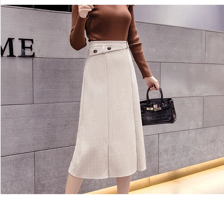 Winter New Midi Plaid Woolen Skirts Women Fashion A-Line Skirts Ladies Streetwear Plus Size High Waist skirt