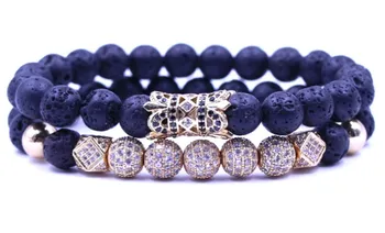 

8mm 2PCS/Set gold gfg345 gelastic adjusted nature black stone volcanic lava micro pave cz zircon cubic zirconia tube Bracelet