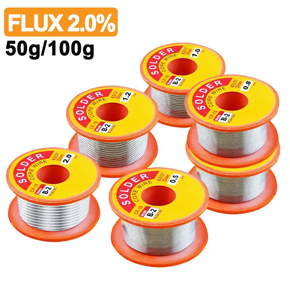 0,5/0,6/0,8/1/1, 2/2mm flujo 2.0% 45FT estaño Alambre de estaño colofonia de fundido núcleo de soldadura de alambre de soldadura rollo No limpiar 50g y 100g.