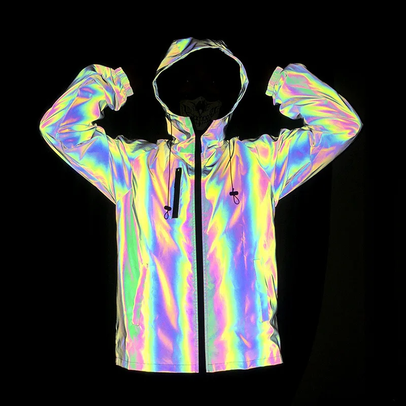 

New Fashion Rainbow Colorful Luminous Reflective Men Zipper Jacket Waterproof Hooded Windbreaker Coats Streetwear Clothing