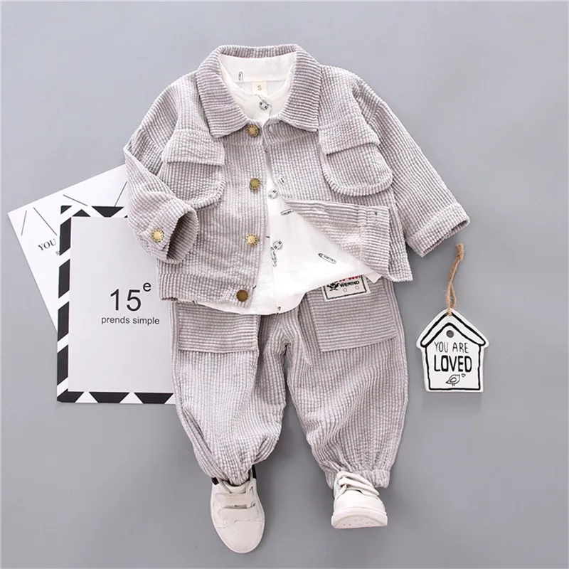 Осенне-зимняя одежда для мальчиков 1-6 лет теплое пальто+ рубашка+ штаны, леггинсы с карманами, комплект детской одежды из 3 предметов, повседневная одежда - Цвет: Серый