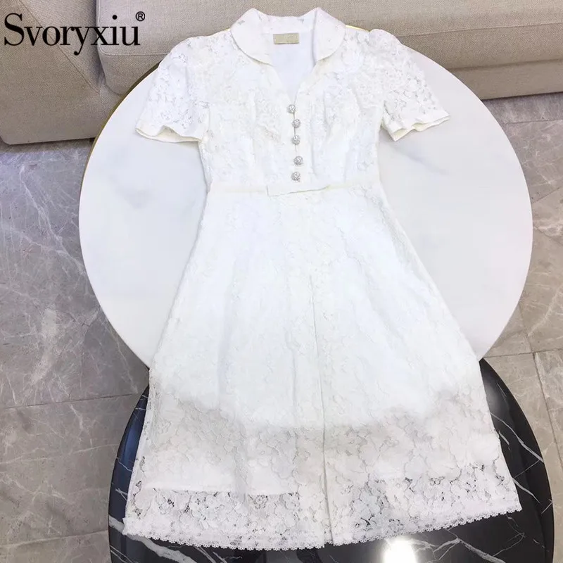 

Svoryxiu Elegant White Lace Dress Women's Sexy V-Neck Crystal Diamond Button Summer Runway Midi Dresses Vestdios