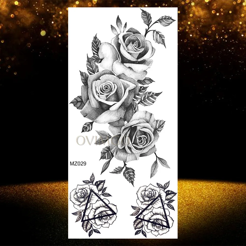 OMZ029 Rose Peony Flower Girls Temporary Tattoos Waterproof Black Tattoo Stickers Blossom Lady Shoulder Tatoos Leaf Branch Sexy Tatoos - Цвет: OMZ029