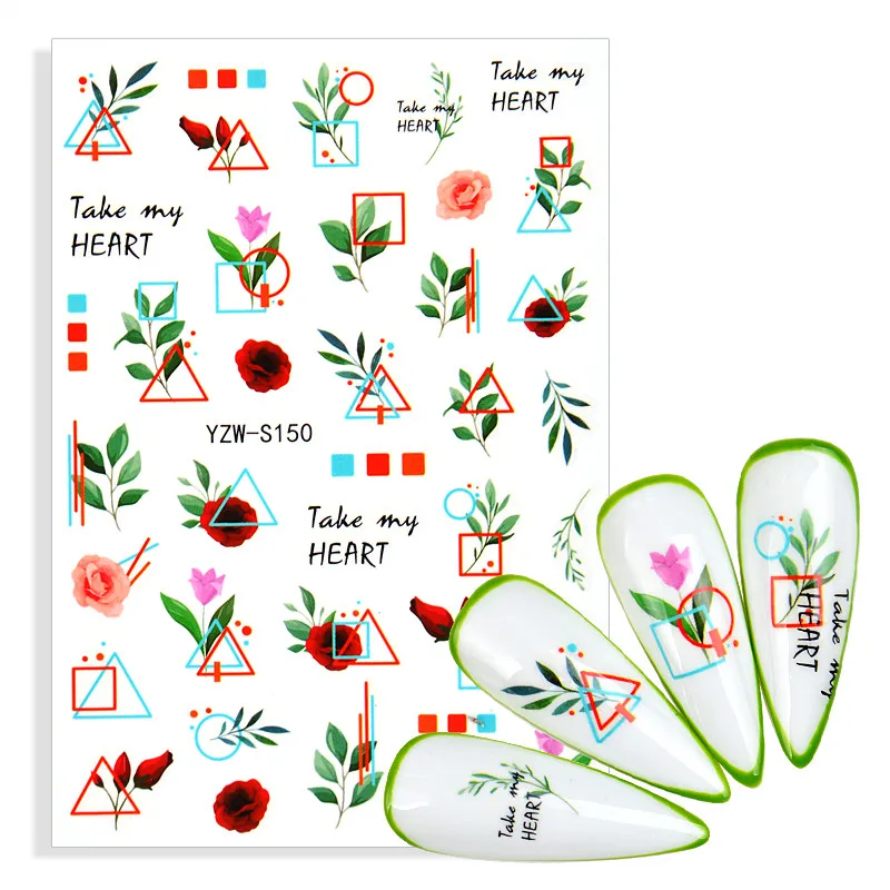 1Pc Green Leaf Summer Nail Sticker Inglese Gothic Butterfly Cursori Adesivi Decorazione Per Unghie Manicure Geometry Flower Design