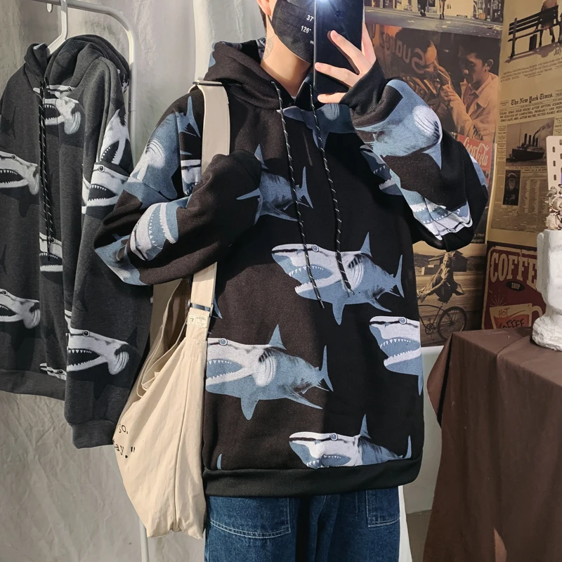Hooded plus velvet printed Shark Hoodies Pullover men's spring autumn 2020 hip hop Streetwear Male's sweatshirt loose top coat Hooded plus velvet printed Shark Hoodies Pullover men's spring autumn 2020 hip hop Streetwear Male's sweatshirt loose top coat