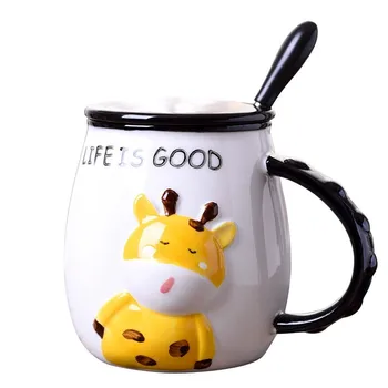

450ml Creative Cartoon Deer Mug Ceramic Coffee Cup Breakfast Milk Cups Porcelain Tea Water Cups With Lid And Spoon Dinkware 2020