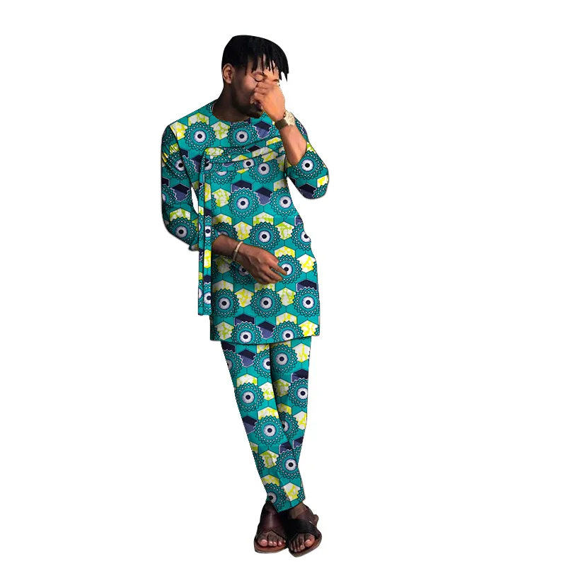 

Draped strips decorated African fashion tops casual suit for men Ankara print O-neck shirt and elastic waist pants man's sets