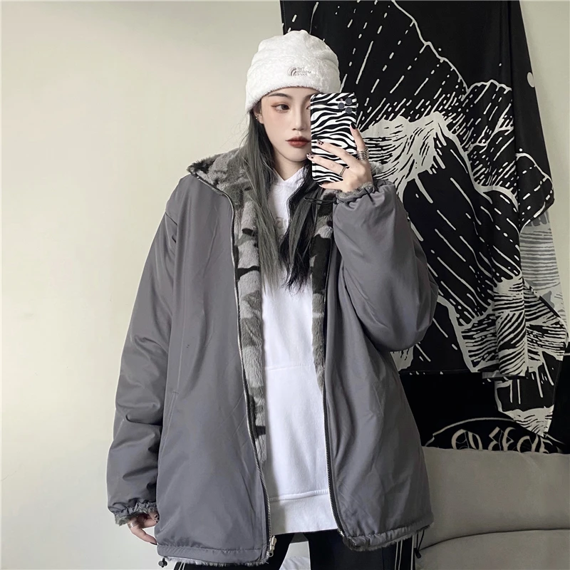 

Autumn And Winter Camouflage Lamb Woolen Coat Thickened Both Sides Wear Loose Harajuku Jacket Jacket 2020