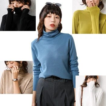 

2019 New Fall Winter Knitted Sweater Pullover Women Turtleneck Long Sleeve Sweaters Tops Womens Casual White Sweater