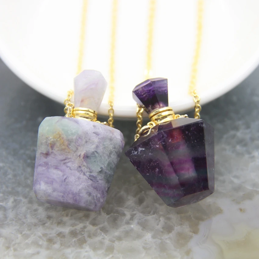 Classic Rainbow Fluorite Perfume Bottle Pendant Necklace,Personalized Faceted Natural Fluorite Essential Oil Diffuser Charms