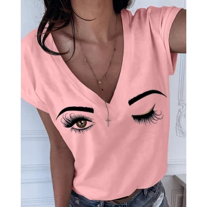 2020 Summer S-5XL Plus Size Eyebrows Eyes Deep V-neck Womens T-shirt New Solid Casual Womens Tops Short Sleeve Tshirts funny