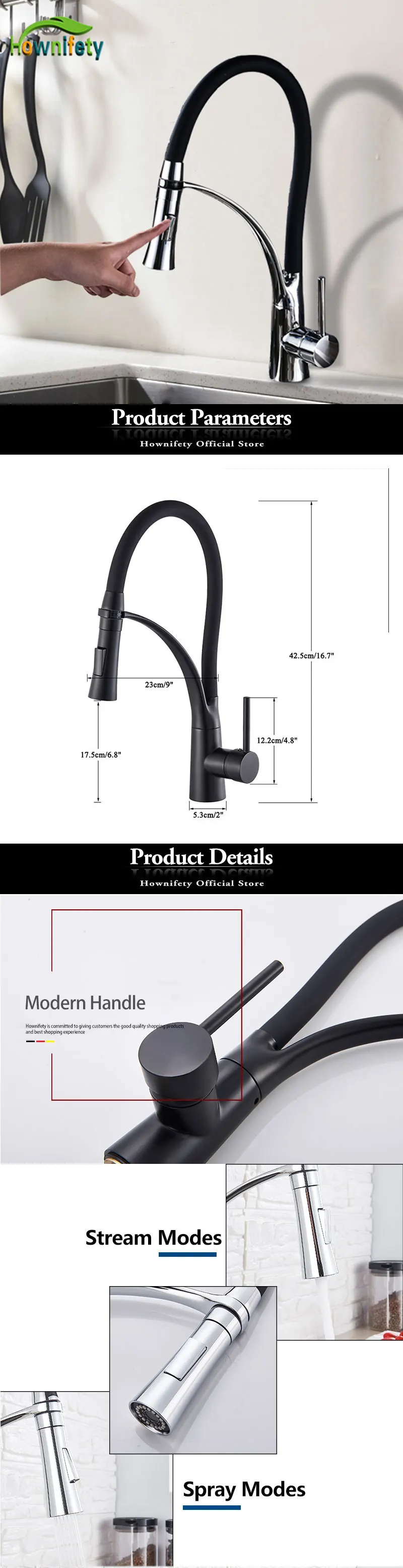 Black Chrome Finish Kitchen Faucet Deck Mount Pull Sprayer Nozzle Hot & Cold Water Kitchen Sink Faucet Mixer Taps