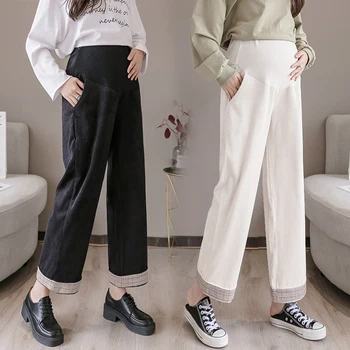 

958# Autumn Winter Thicken Warm Maternity Pants 9/10 Wide Leg Loose Belly Pants Clothes for Pregnant Women Pregnancy Trousers