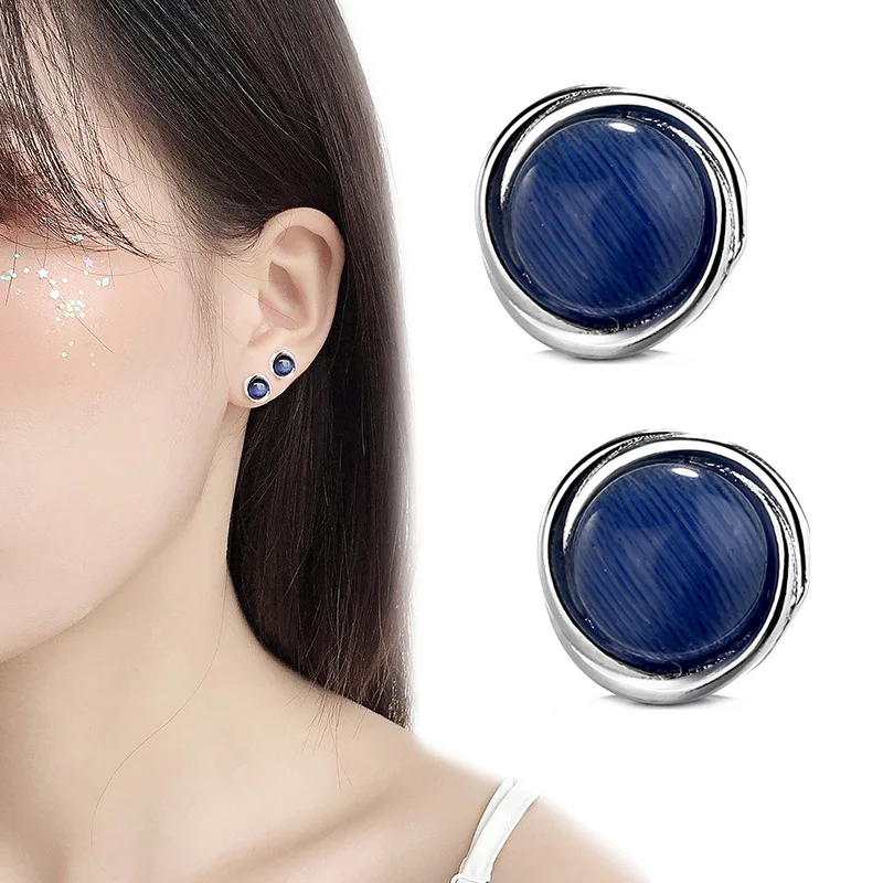 

Retro Sapphire Earrings for Women Enagement Diamond Earring Jewelry Marble Grain Blue Cat's Eye Stud Earrings Geometric Round