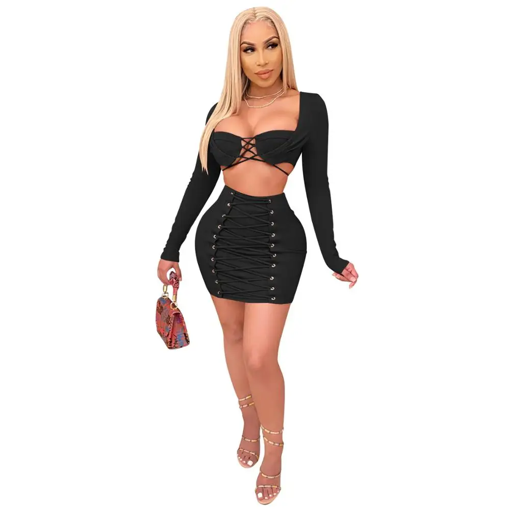 

Sexy Women Skirt Set Strapless Crop Top + Mini Dress Drawstring Party Night Winter Clothes For Women Outfit