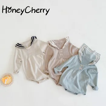 

Autumn Baby Kids' One-Piece Suit Baby Long Sleeve Navy Knitted Wool Romper Triangle Crawling Clothes