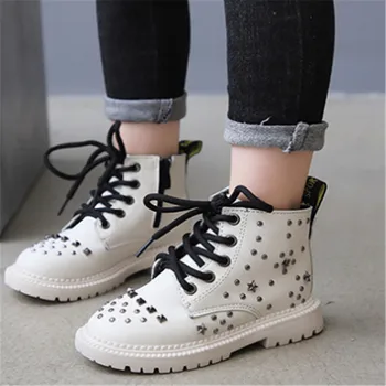 

Little Kids Girls Boots Rivets Girls Ankle Martin Boots Pu Leather vintage Children Shoes Winter Autumn Black White Size 26-36