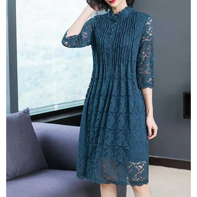 

2019 Vintage Summer Dress Women Three Quarter Sleeve Lace Dress Big Size M-3XL loose Dress Elegant Long Party Dressess Vestidos