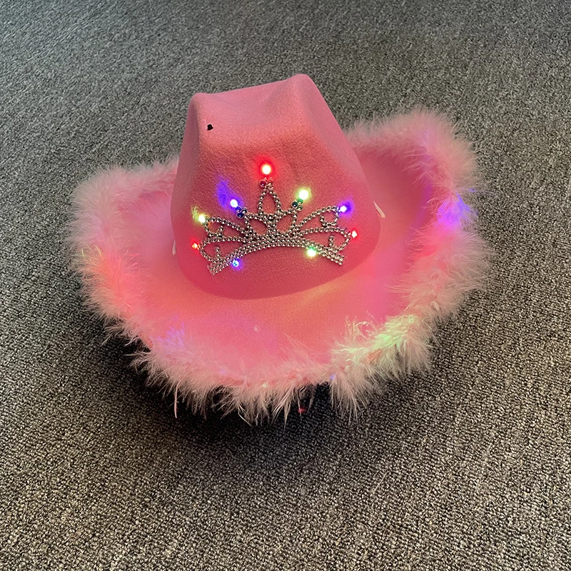 Pink Western Style Cowgirl Tiara Glow Hats for Women Girl Feather Sequins Fedora Caps Beach Cowboy