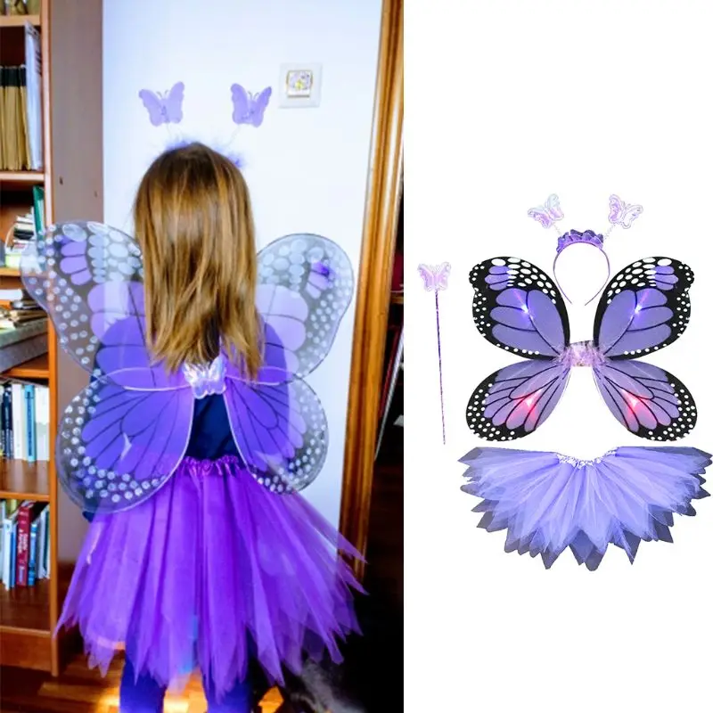 Cosplay Costume Adult Kids 4Pcs Fairy Costume Set LED Simulation Butterfly Wings Pointed Tutu Skirt Headband Wand Princess Girls Party Dress Up