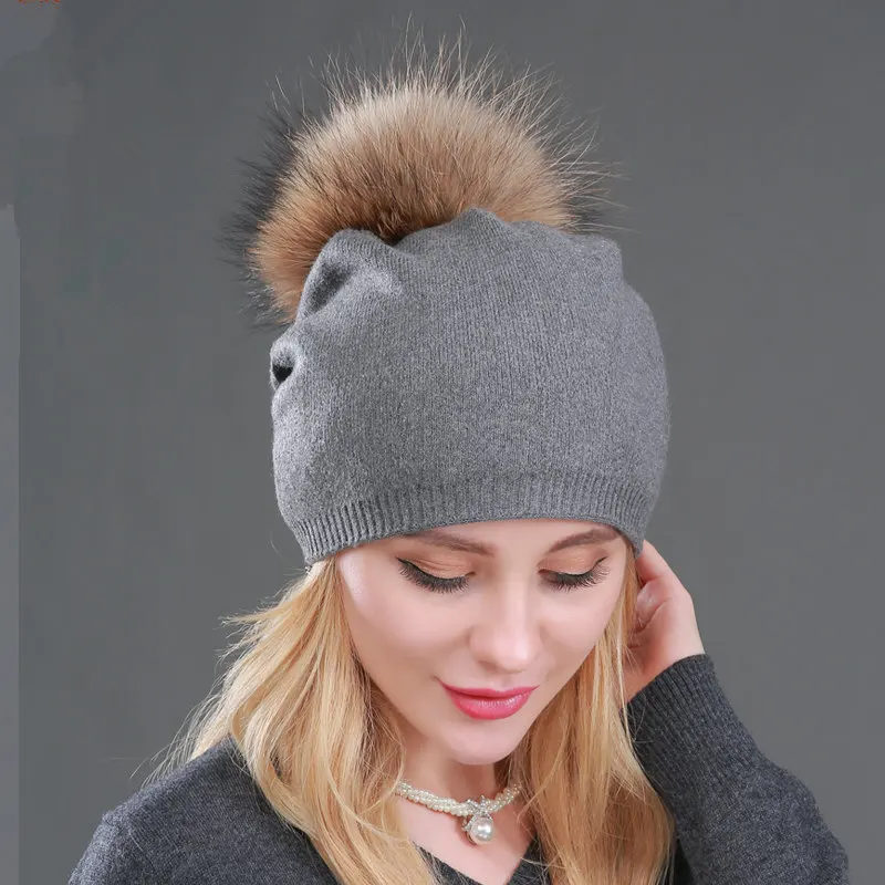 High Quality Women Dual layer Wool Knitted hats with big Real Fur Pompoms Warm Slouchy beanies hat ladies Fashion Skullies - Цвет: darkgray