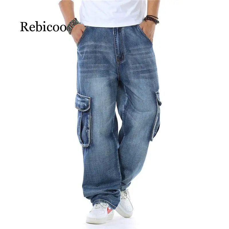 

New men's straight jeans sweatpants riding jeans men's loose loose blue jeans side pockets