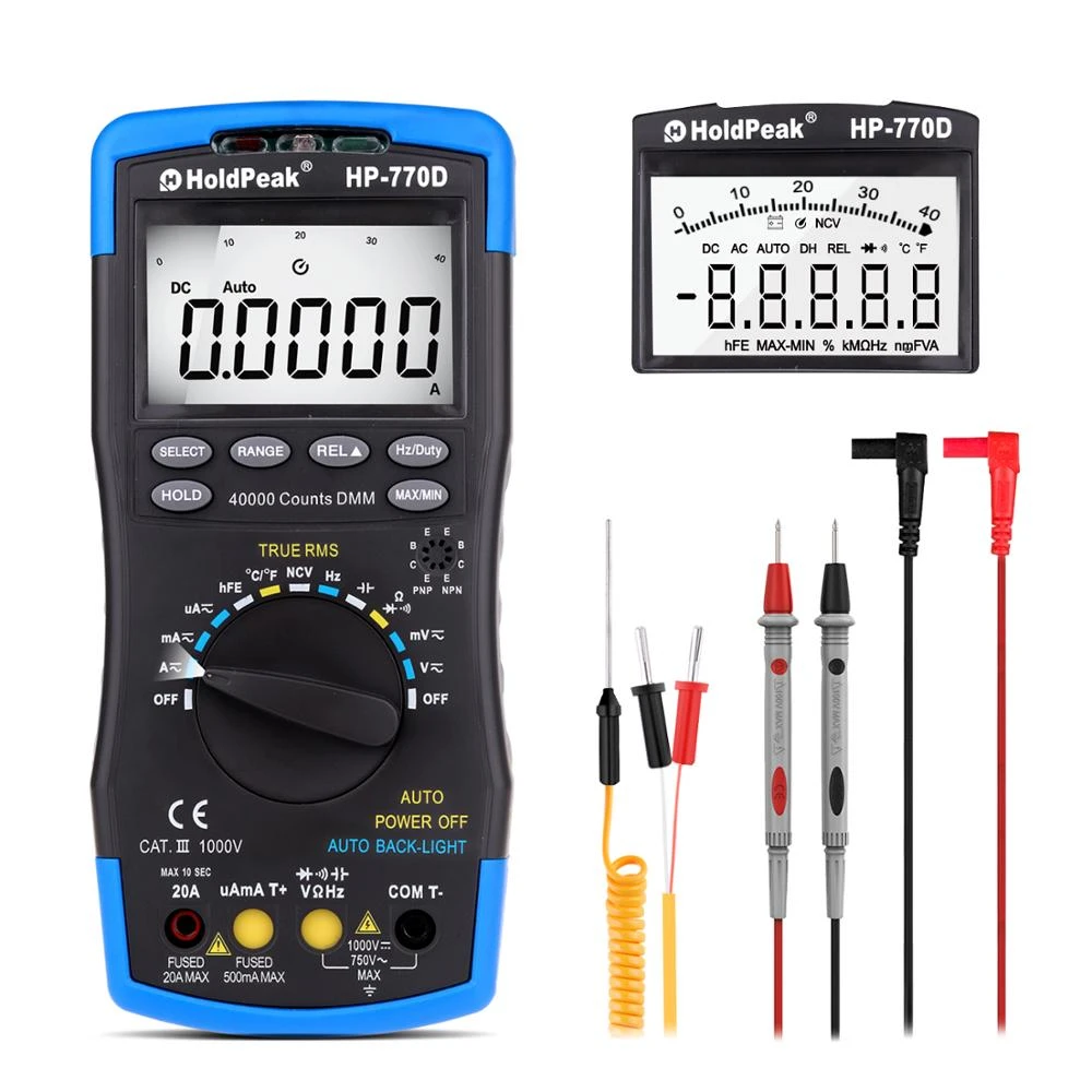 HOLDPEAK 770D High Precision Multimeter TRMS Auto Ranging Multimeters,40000 Counts,Data Hold,NCV Digital Multimeter for AC DC Amp Ohm Volt Meter hFE Diode LED Capacitor Tester with Thermometer Backlit 