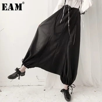 

[EAM] High Elastic Waist Black Long Wide Leg Leisure Trousers New Loose Fit Pants Women Fashion Tide Spring Autumn 2020 19A-a650