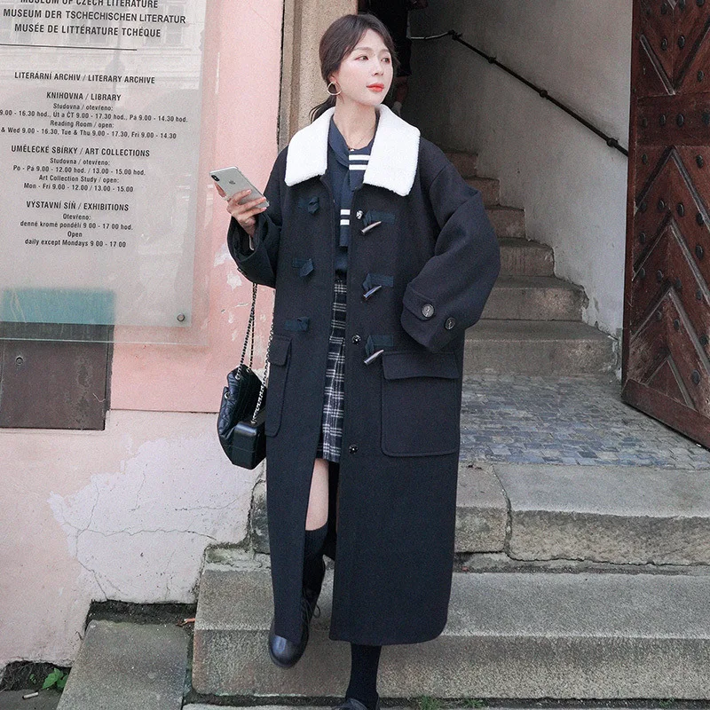 

Photo Shoot 2019 Winter New Style CHIC Korean-style Loose-Fit Black And White with Pattern Lamb Fur Collar Toggle Woolen Coat Co