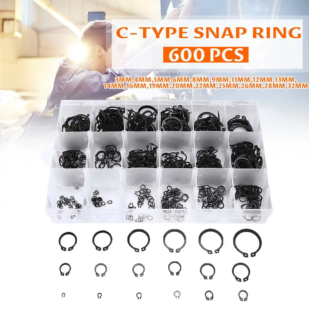 600pcs Black Circlip Retaining Ring Multi-size M3-M32 Circlip Card Internal External Retaining Circlips C-clip Washers