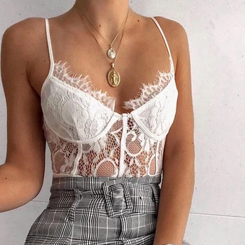 

Summer 2019 Women Bodysuits Lace Backless Playsuits Spaghetti Strap Sexy Elegant See Through Transparent Romper White Black