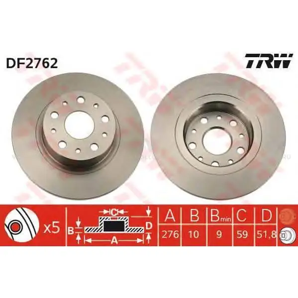 TRW DF2762 Диск тормозной задн ALFA ROMEO: 166 98-, LANCIA: KAPPA 94-01, KAPPA SW 96-01, KAPPA купе 96-01