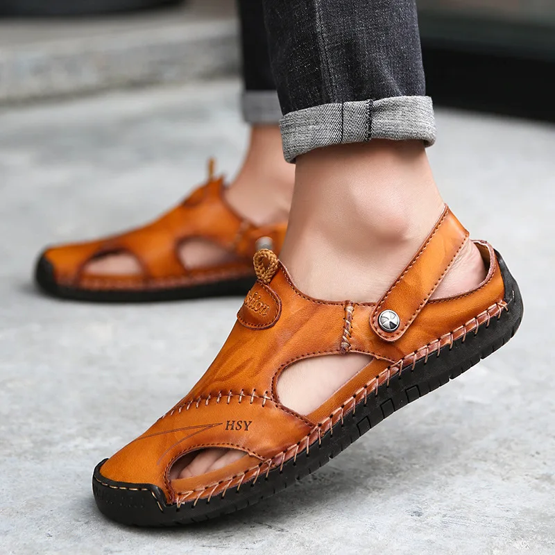

Summer New Style Men Hollow out Sandals Men's Korean-style Handmade Casual Dual Purpose Soft-Sole Closed-toe Sandals Large Size