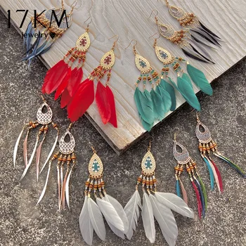 

17KM Bohemian Rainbow Wood Beads Feather Earring For Women Vintage Ethnic Golden Long Tassel Dangle Earrings Jewelry Wholesale