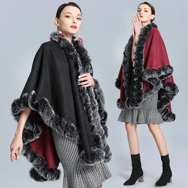 Two Side Used Winter Warm Oversize Long Poncho Capes Black Grey Faux Fur Collar Outstreet Shawl Cloak Women Wear Loose Coat 5 colors women o neck capes striped poncho streetwear winter faux rabbit fur triangle oversize pullover shawl warm coat