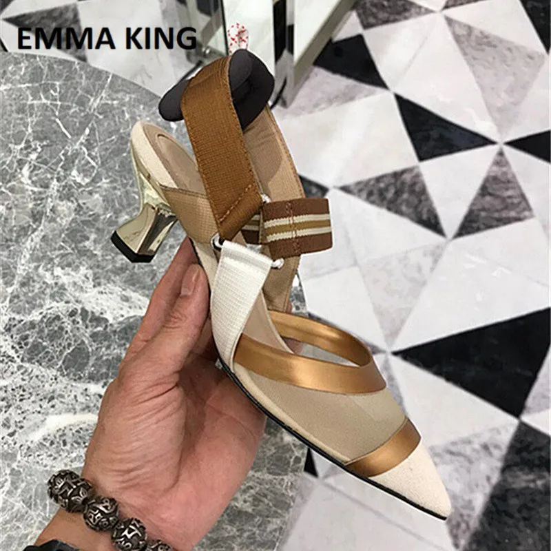 

EMMA KING New Sexy Women Mesh Thick Heels Pumps Designer Pointy Sandals for Women Comfortable Fairy Style Shoes Mujer