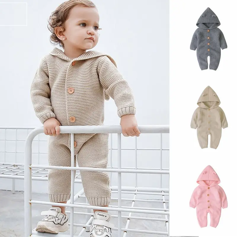 

2020 Autumn Winter Baby Boys Romper Hooded Onesies Pure Color Style Infant Girls Clothes Warm Baby Clothes