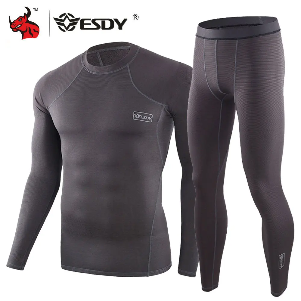 ESDY, мужское термобелье с флисовой подкладкой, набор, для мотоцикла, катания на лыжах, базовый слой, зимние теплые кальсоны, рубашки и топы, нижний костюм серого цвета