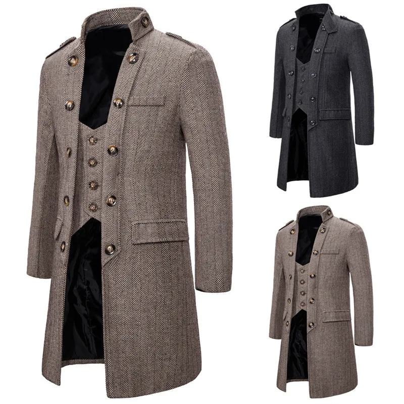

Steampunk Men Jacket 2019 New Winter Wool Thicked Trench Coat Men's Two False Waistcoats Gray Wool Jackets Masculinity