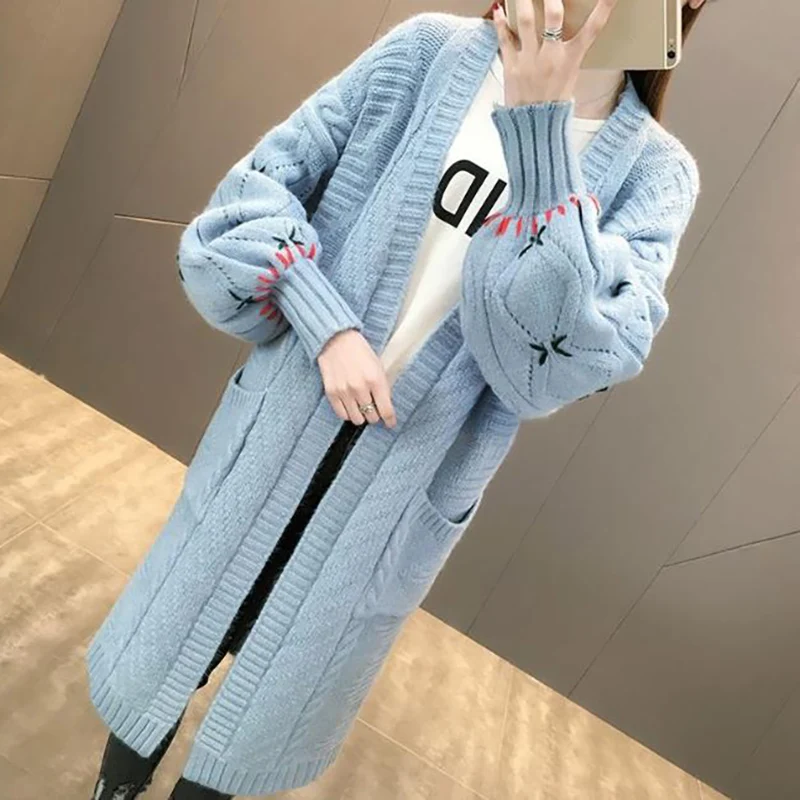 Knit Cardigan Autumn And Winter New Women's Long Handmade Embroidered Lantern Sleeve Loose Sweater Women's Jacket