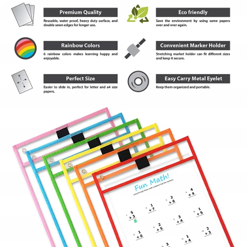 Многоразовые сухие стираемые карманные рукава с держателем маркера(12 упаковок)-разные цвета, для взрослых и детей. Использовать для школы, работы, Teac