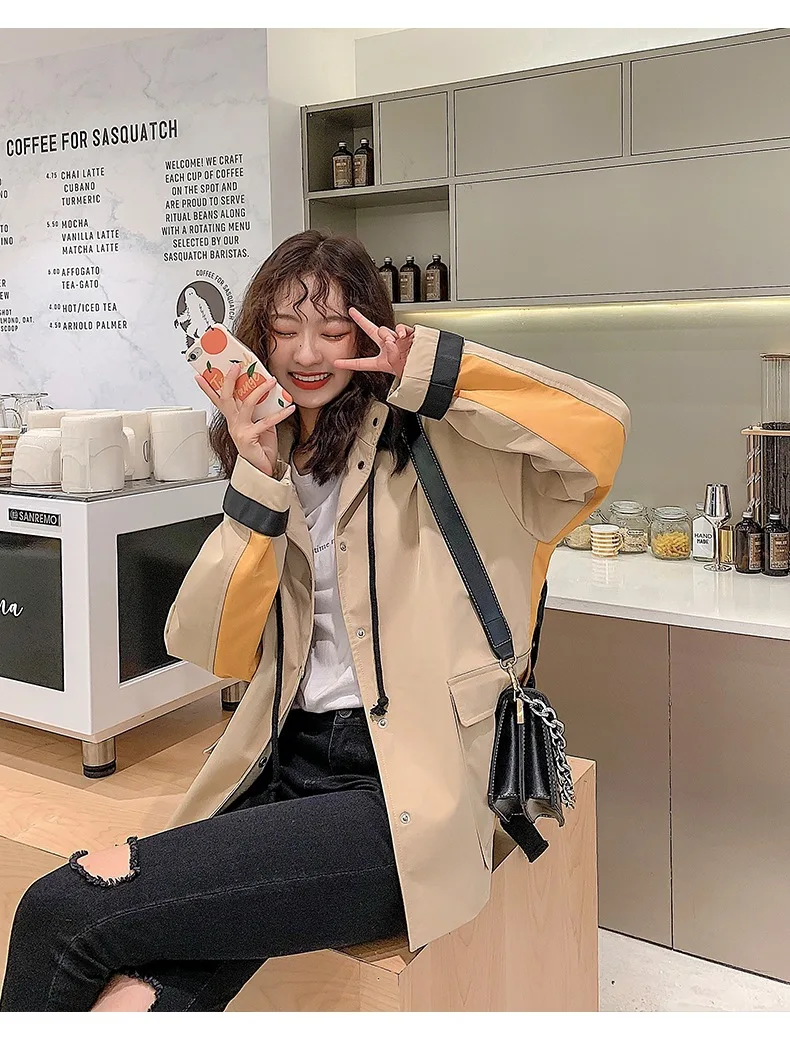 Фотосессия Harajuku INS три-цветное соединение BF красивый стенд воротник хаки спецодежды Тренч талии облегающее Бандажное ткань с коротким